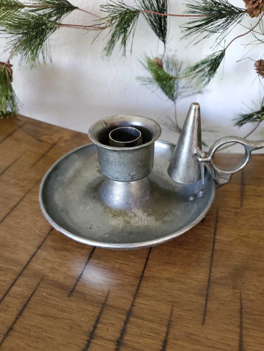 Pewter Chamberstick Candle Holder with Removable Cone Snuffer Vintage